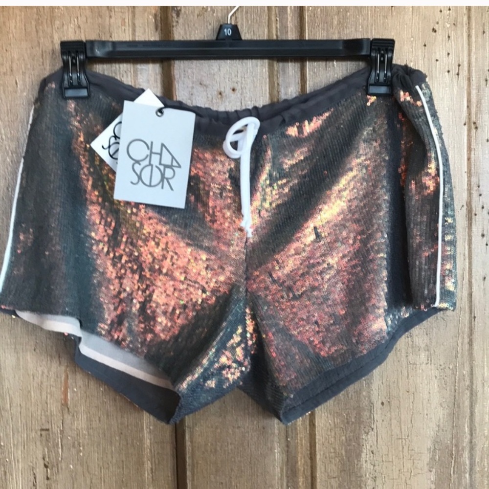 Chaser holographic sequin shorts.